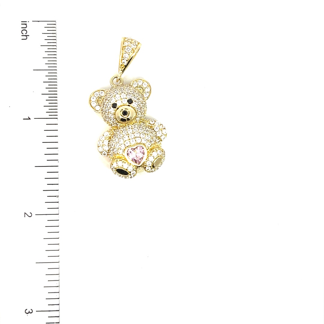 cz teddy bear with pink heart 10K Gold